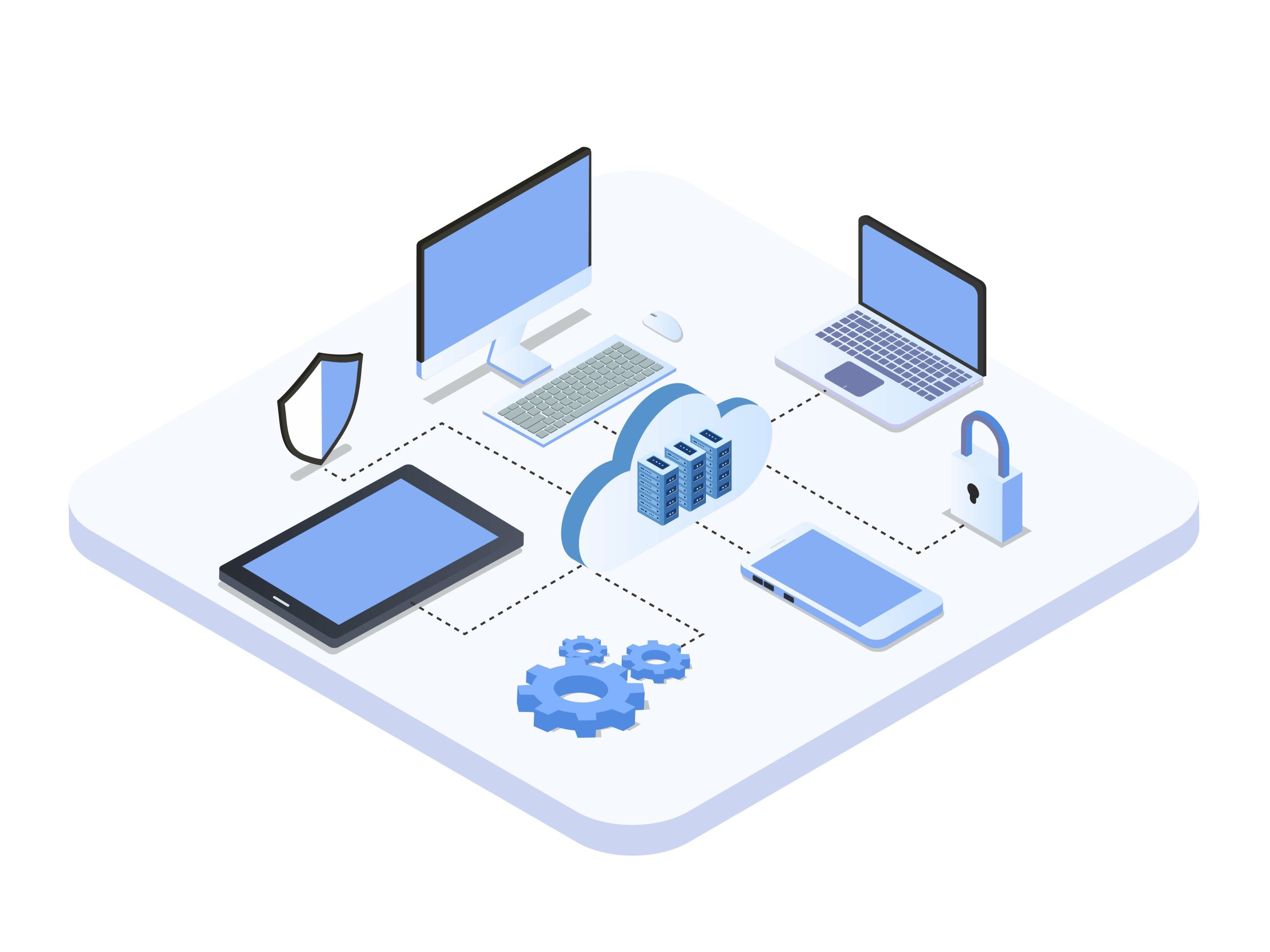 Cloud computing network device with security shield Grafik zur Darstellung der IT Leistungen mit Hardware und Sicherheit