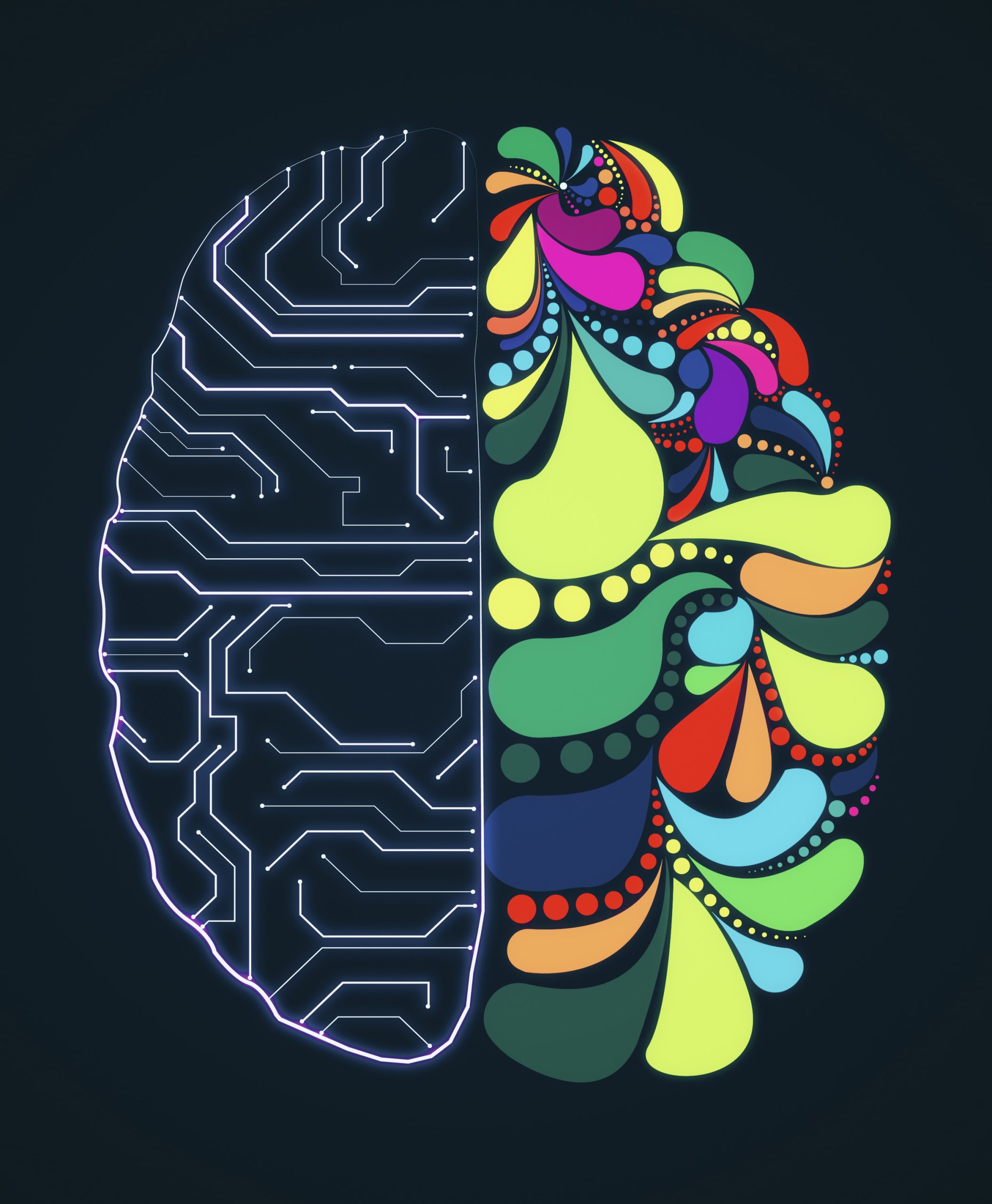 Marketinggeist Stilisiertes Gehirn, eine Haelfte kreativ, eine Haelfte technisch